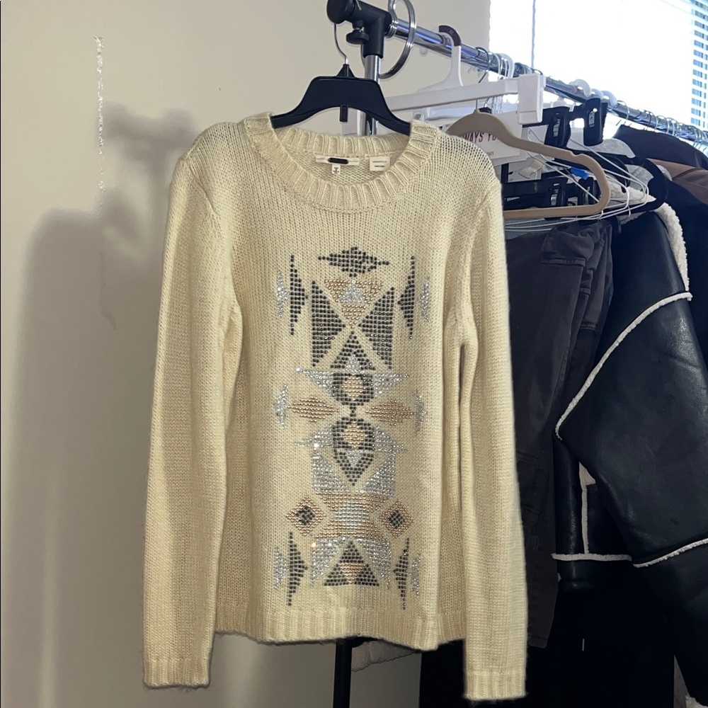 Miss Me Cream Sweater with Geometric Design